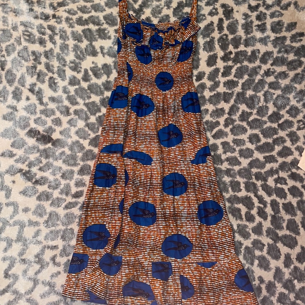 Orange and blue bird dress cotton linen African ulla Johnson summer small